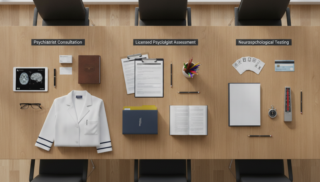 Adult ADHD evaluation pathways shown with psychiatry, psychology, and testing materials