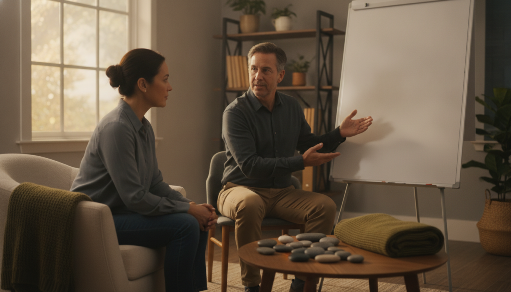 CBT therapist treating anxiety and depression together in a counseling session