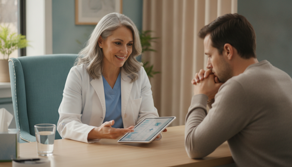 Doctor evaluating persistent depressive disorder symptoms with patient