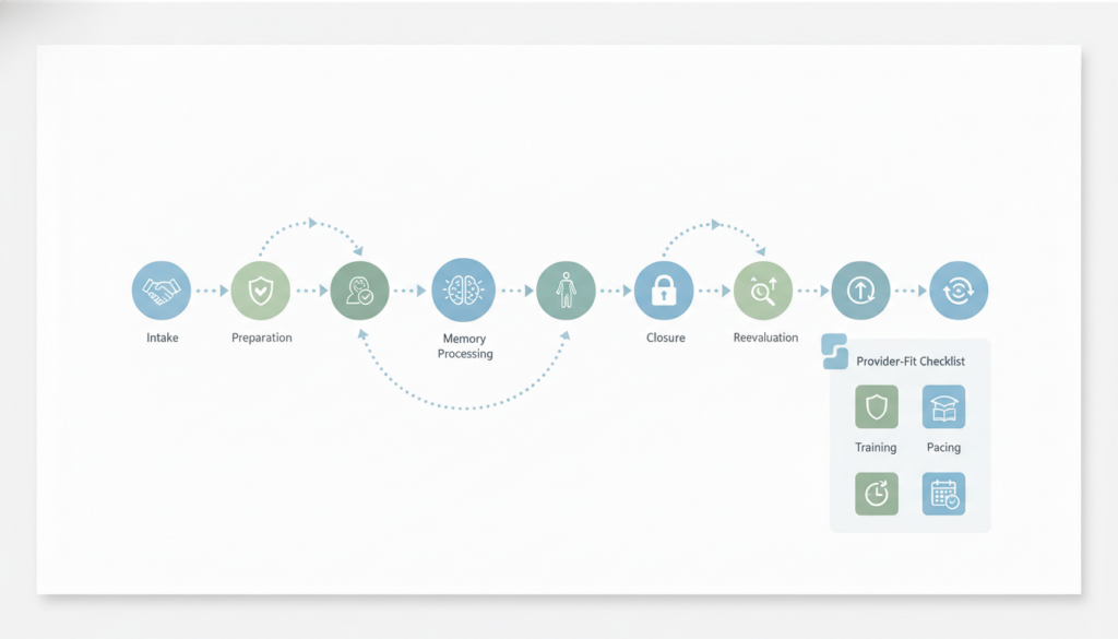 EMDR therapy process infographic with eight phases and provider safety questions