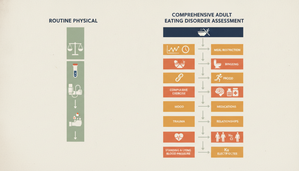 Infographic comparing routine physicals with full adult eating disorder assessments