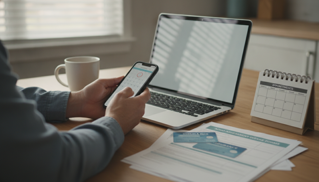 Patient checking insurance and appointments for adult ADHD diagnosis process