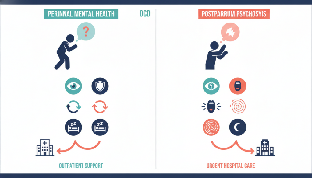 Perinatal OCD versus postpartum psychosis symptoms comparison infographic