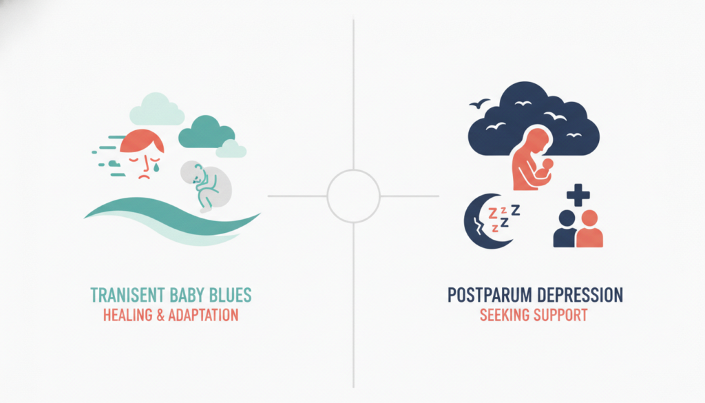Postpartum depression vs baby blues timeline and warning signs diagram