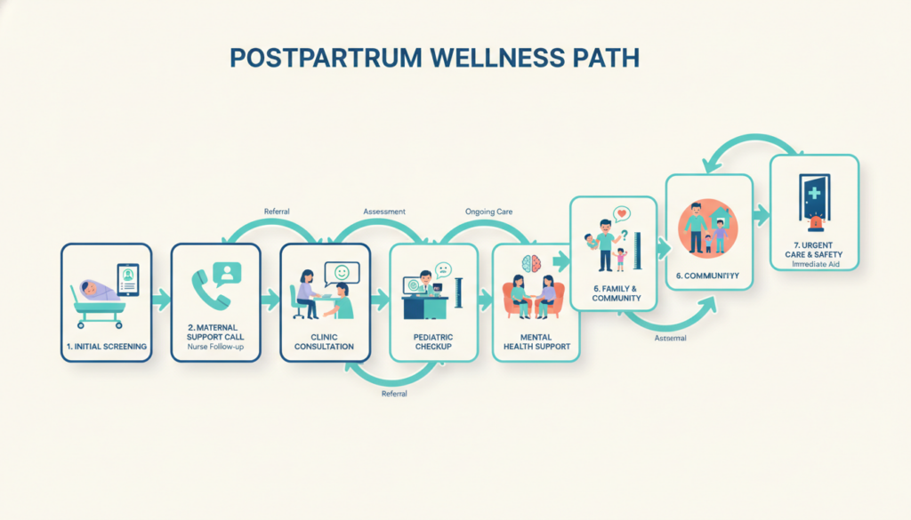 Postpartum screening schedule and suicidal thoughts safety support pathway