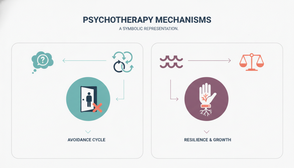 Visual comparison of CBT and DBT mechanisms for anxiety and emotion regulation