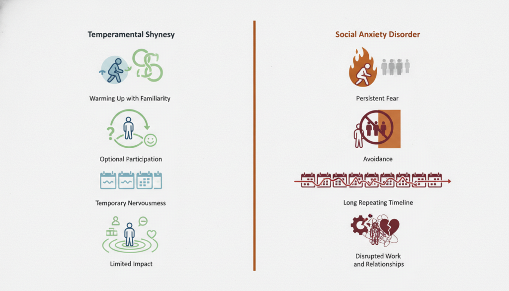 Visual comparison of shyness and social anxiety disorder symptoms and impairment
