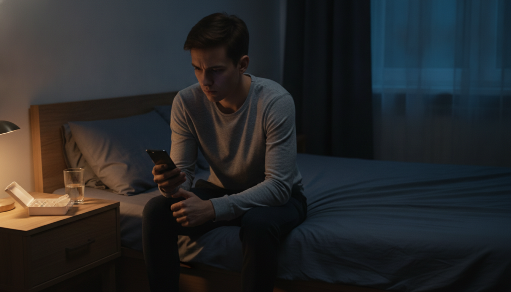 Young adult calling prescriber about SSRI warning signs at night