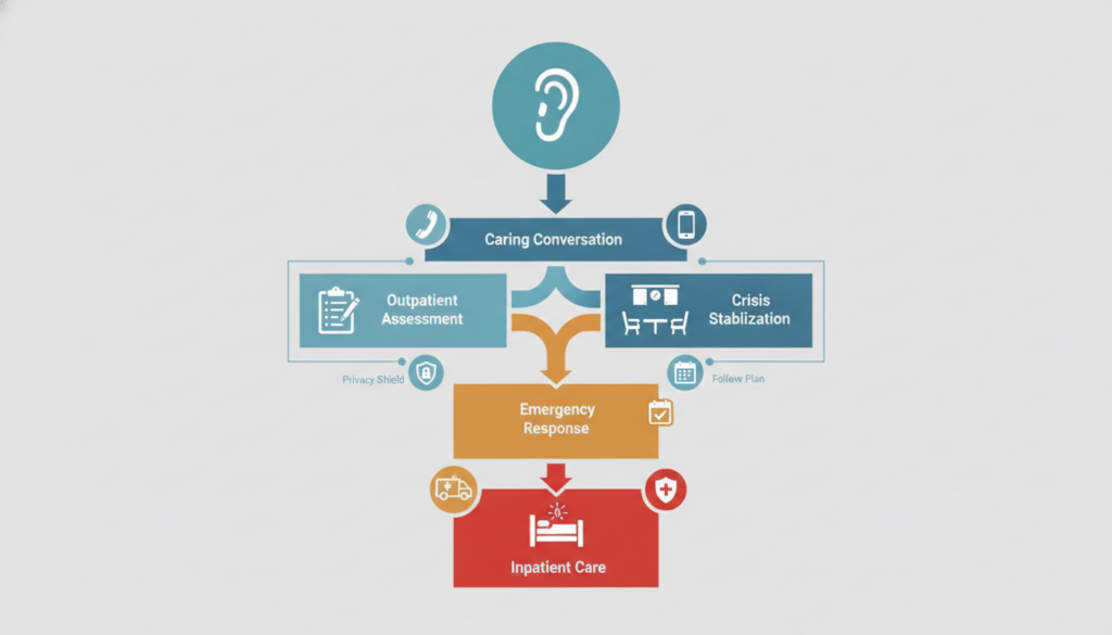 Suicidal crisis response pathway from caring conversation to emergency support