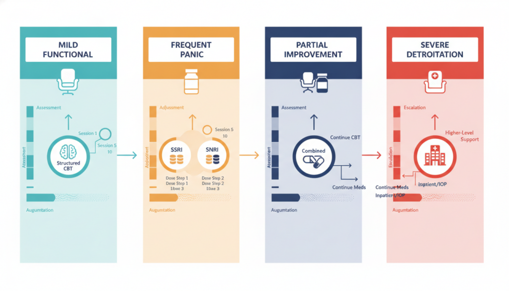 Anxiety treatment decision pathway based on symptom severity and response