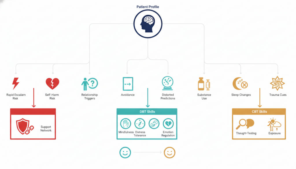 Clinical intake pathway for matching DBT or CBT to patient patterns