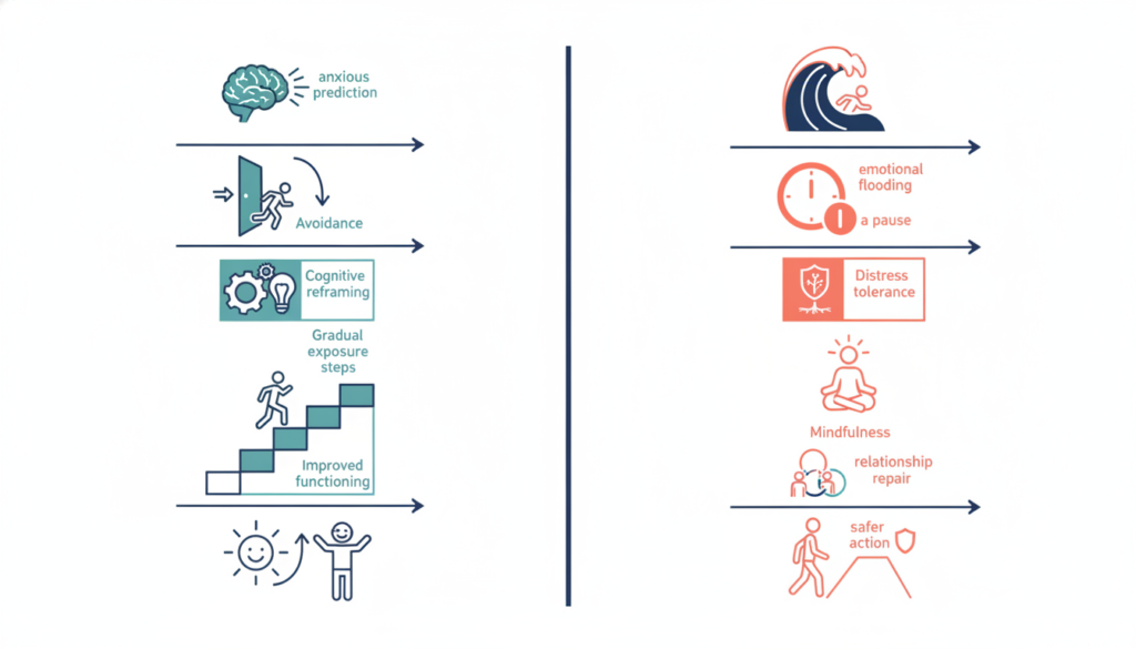 Visual comparison of DBT emotional regulation and CBT anxiety mechanisms